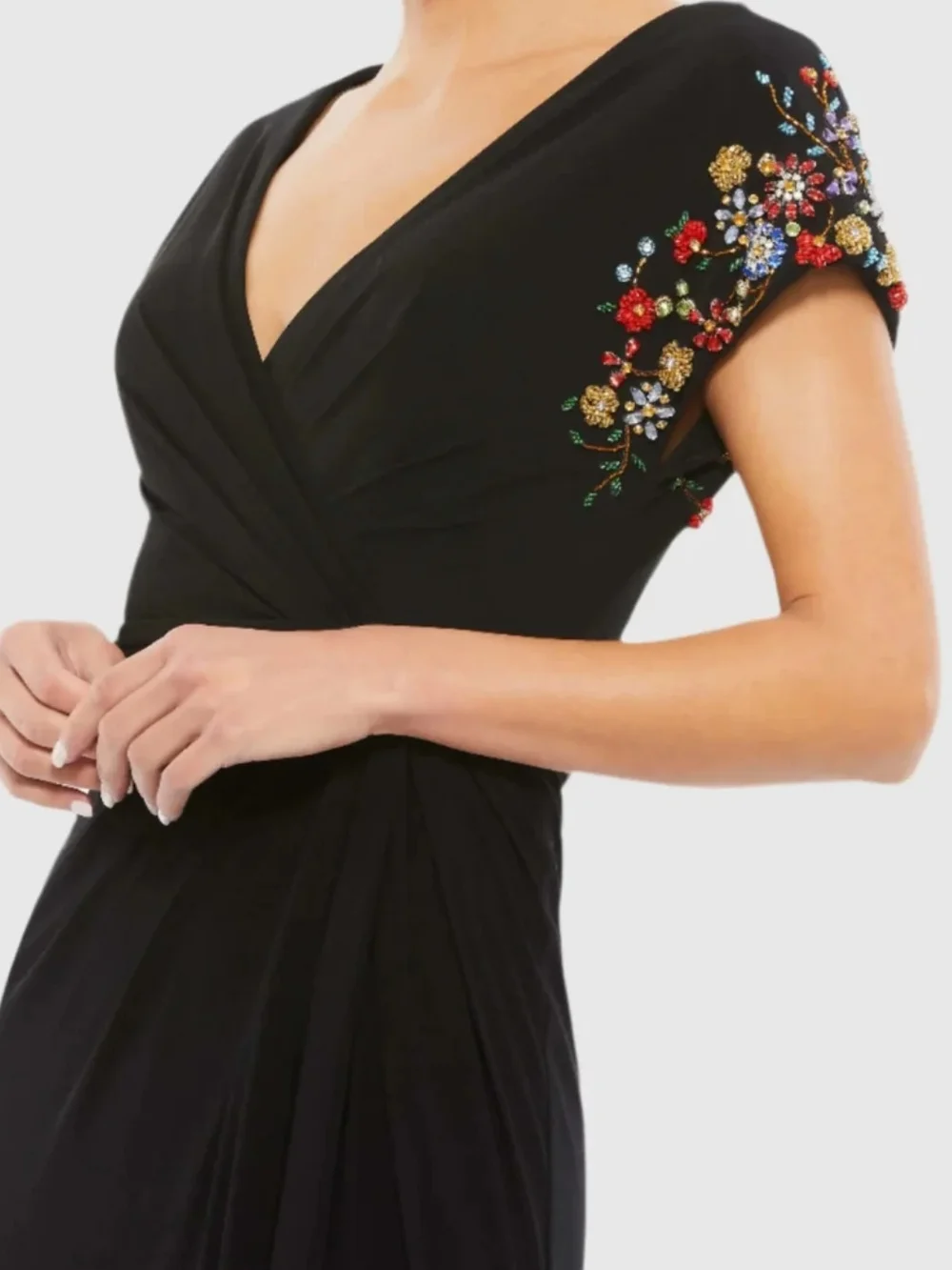 Mac Duggal Black Jersey Gown with Multicolor Embellished Cap Sleeves - Picture 3 of 9